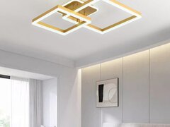 Lustra LED 140W Minimalist 2 Square Gold, LED inclus, 3 surse de iluminare, Telecomanda, Dimabil, Lu